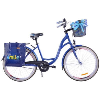 Mestský bicykel 26 Fuzlu Nebraska S-1 tmavo modrý + výstelka + košík + taška na nosič